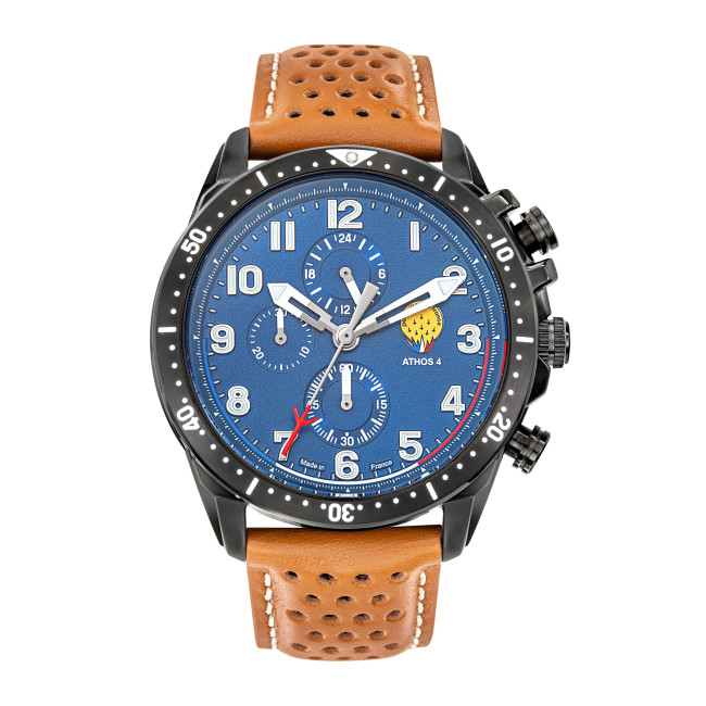 Horloge Athos 4 blauwe wijzerplaat bruine leren armband - Patrouille de France