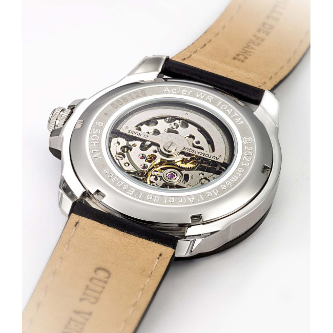 ATHOS 8 Uhr mit schwarzem Lederarmband und schwarzem Zifferblatt - Patrouille de France