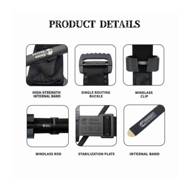Garrot tourniquet avec bâillon en aluminium noir - Rhino Rescue
