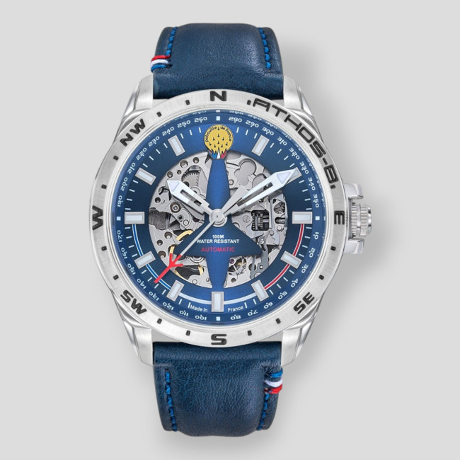 ATHOS 8 Uhr mit blauem Lederarmband und blauem Zifferblatt - Patrouille de France