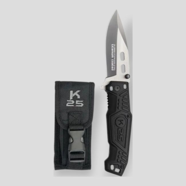 Coltello pieghevole (lama mista 7,8 cm) con custodia in nylon - Nero - K25 Coltello pieghevole (lama mista 7,8 cm) con custodia in nylon - Nero - K25