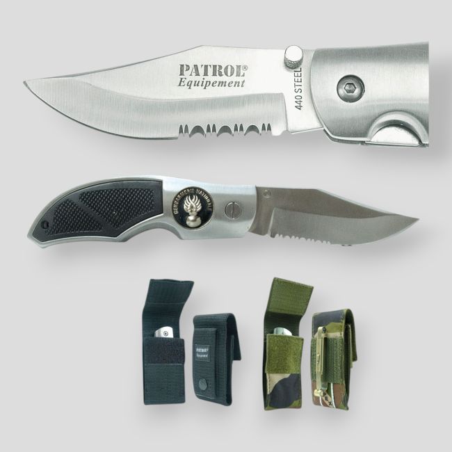 Rangers Messer (8,5cm Klinge) mit Gendarmerie GD Abzeichen und Scheide - Camo CE - Patrol Equipement