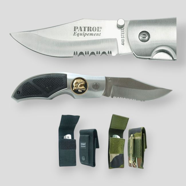 Couteau Rangers (lame 8,5cm) avec badge Sapeurs Pompiers et étui - Camo CE - Patrol Equipement
