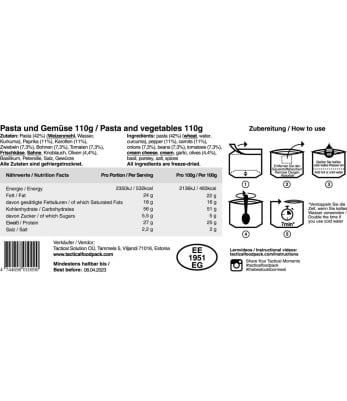 Repas lyophilisés Pâtes et Légumes - Tactical Foodpack
