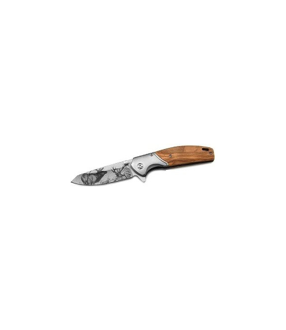 Couteau Pliant Stepland Gravé Cerf Manche Bois + Lame 8,5 Cm