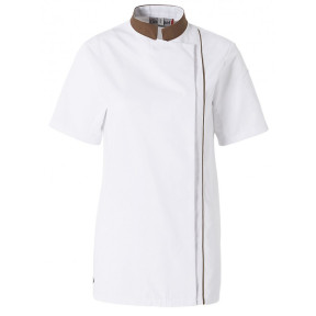 Veste de cuisine femme Ajik manches courtes Blanche avec col et liserés marrons - Molinel