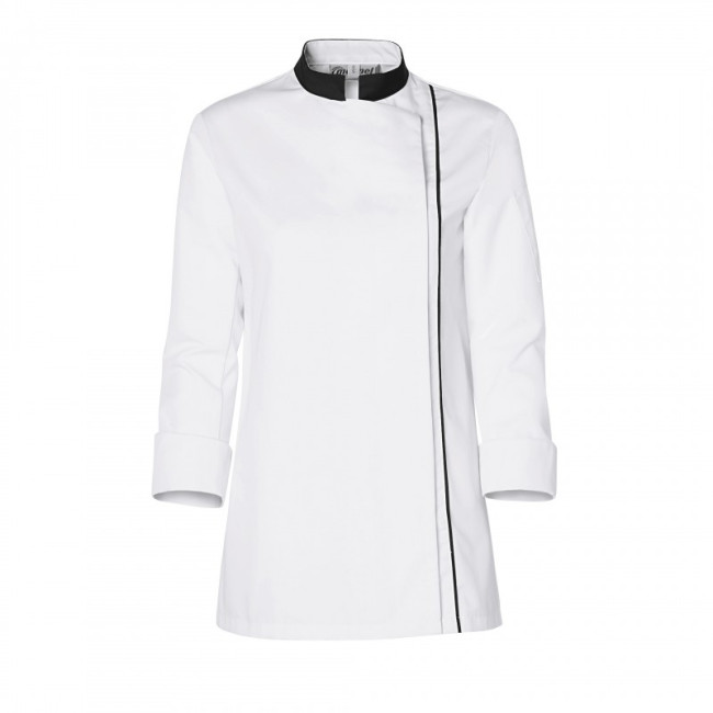 Weisse Damen-Kochjacke Ajik mit langen Ärmeln, schwarzem Kragen und schwarzer Paspelierung - Molinel