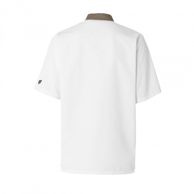 Veste de cuisine homme Ajik manches courtes Blanche avec col et liserés marrons - Molinel