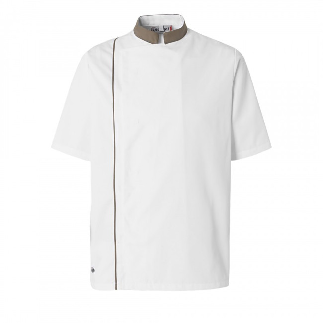 Veste de cuisine homme Ajik manches courtes Blanche avec col et liserés marrons - Molinel