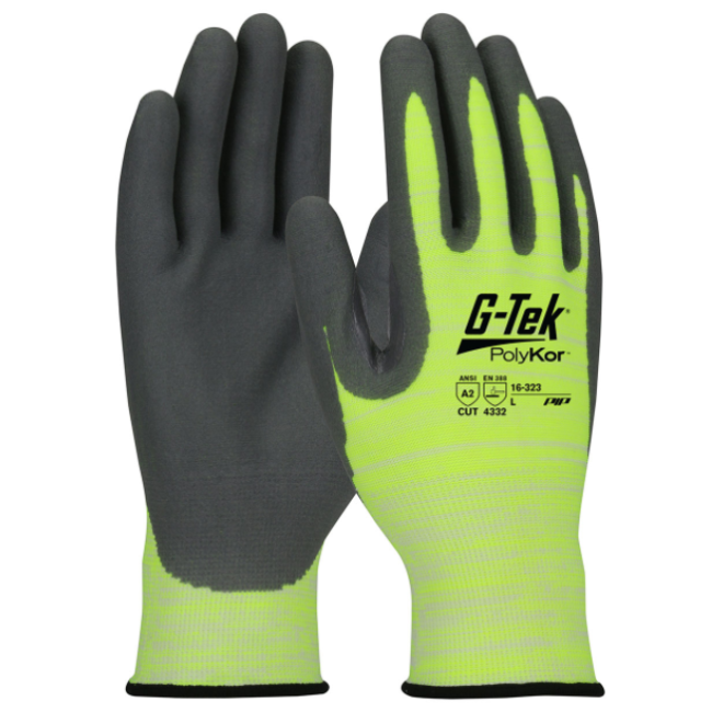 Lot de 12 Gant tricoté sans couture en Polykor jaune jauge 15, enduction Mousse de nitrile Gris, Anti-coupure B, ANSI 2