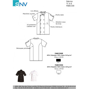 Veste de cuisine manches courtes Fabrice blanc - SNV
