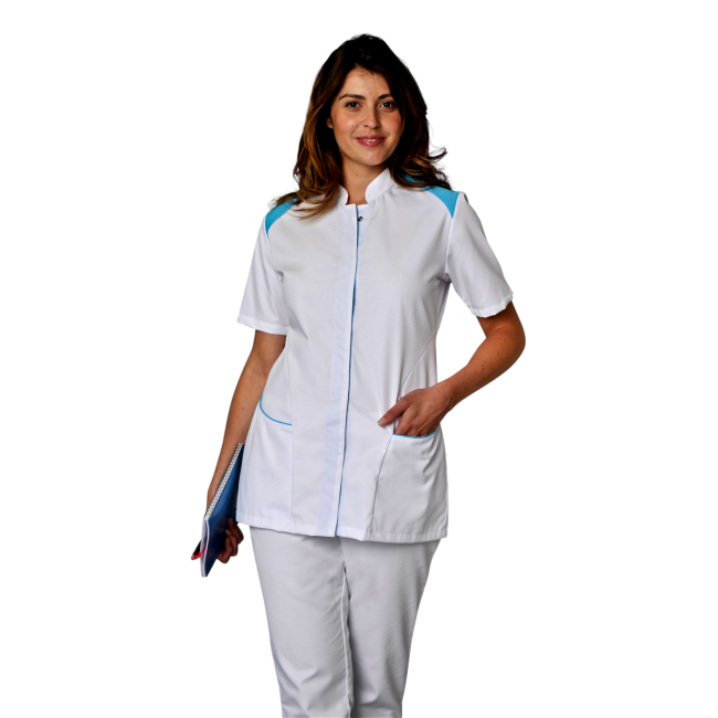 Tunique femme manches courtes Adèle Blanc et bleu atoll - SNV